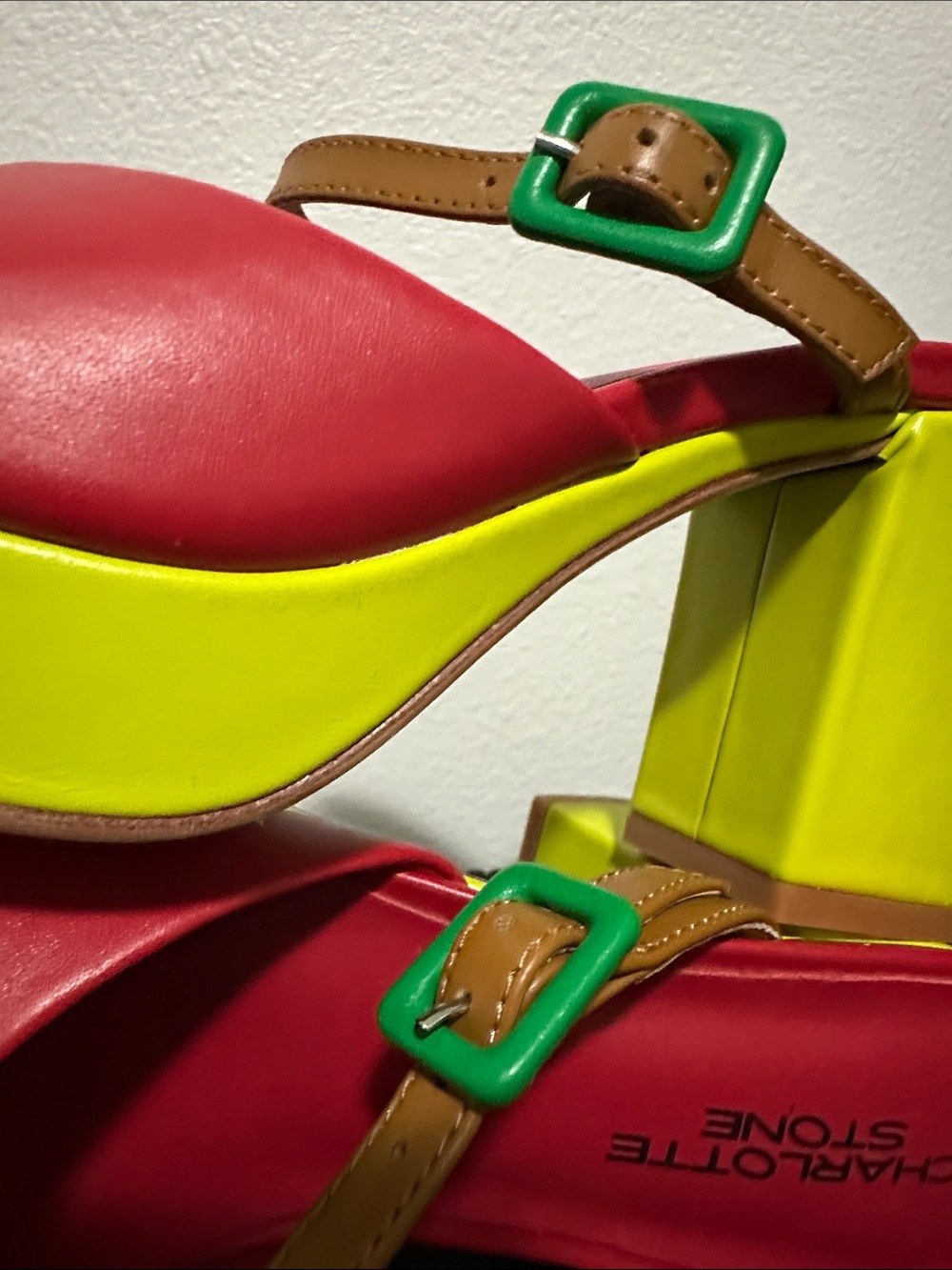 Charlotte Stone Red Open-Toe Slide Sandals with Tan Strap and Green Buckle - Picture 7 of 7